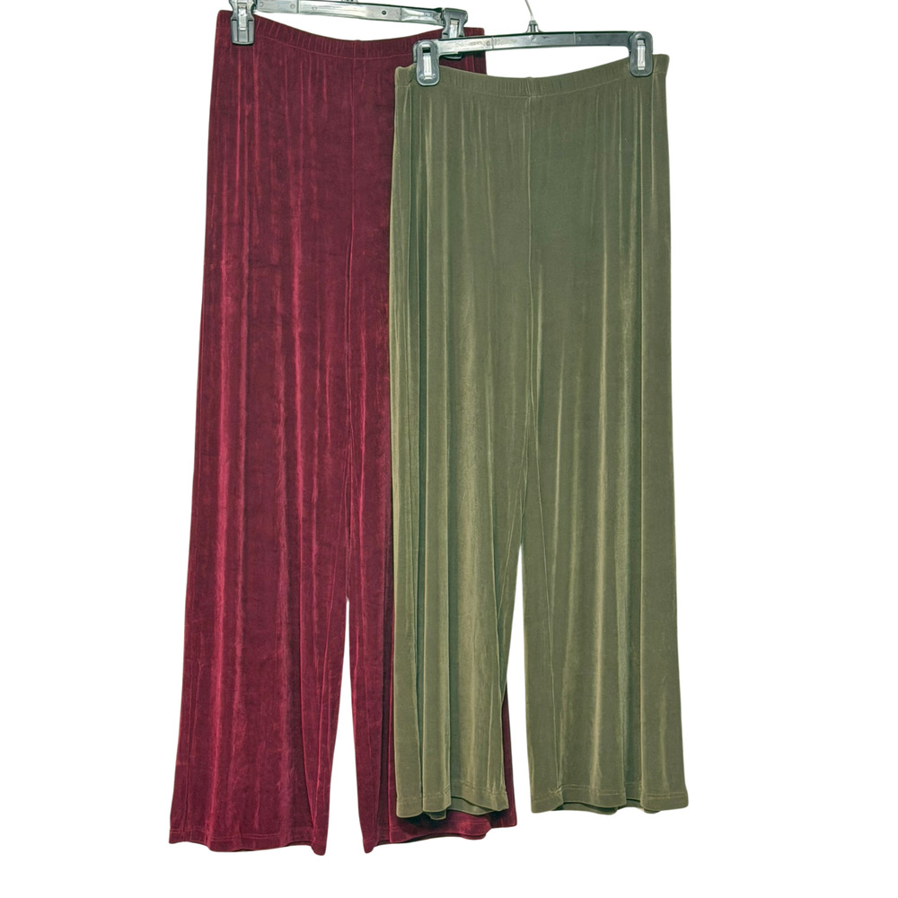 2 Pairs Citi Knits Sz M Pull-On Acetate Knit Pants Hi-Rise Burgundy & Olive